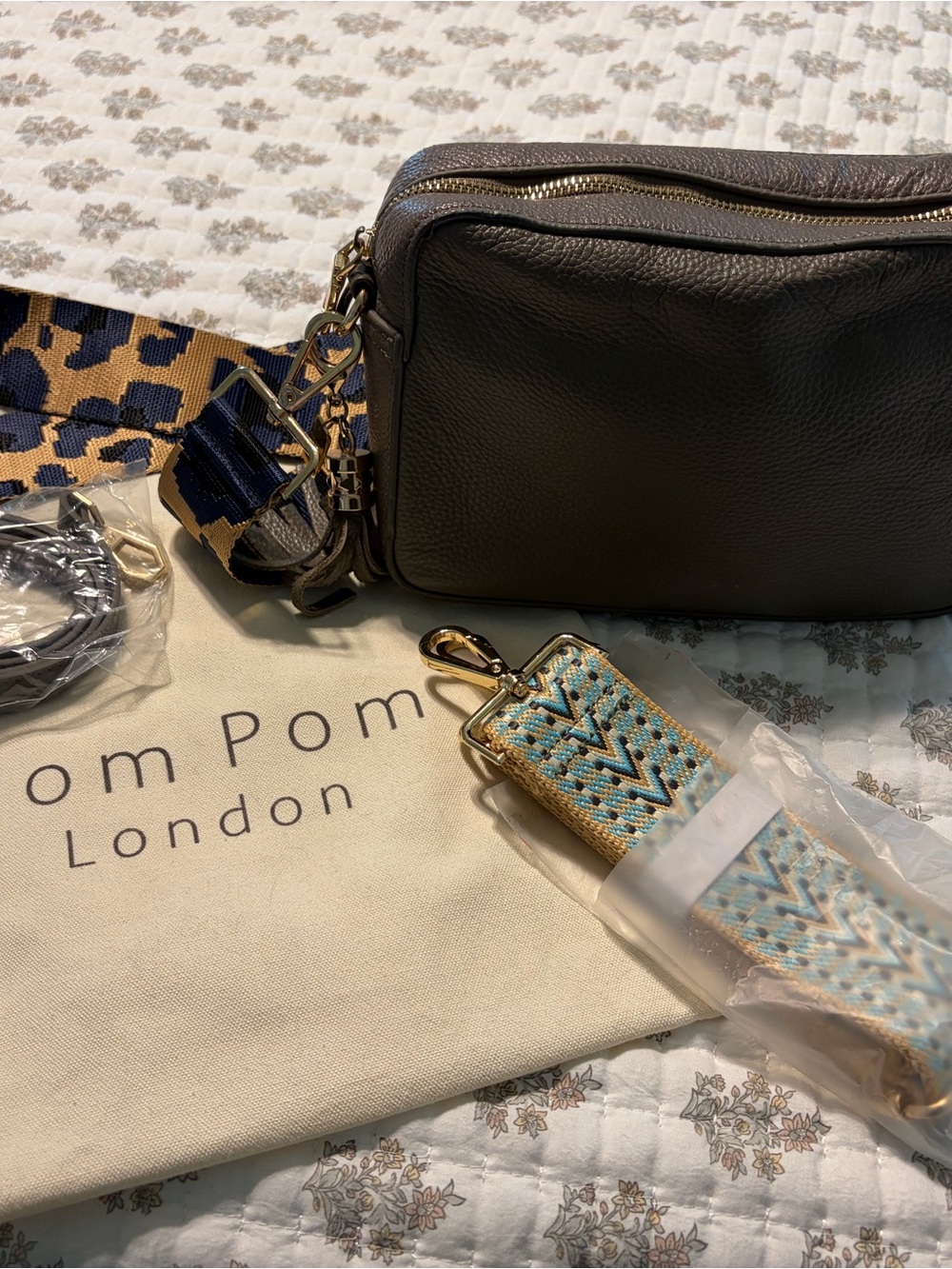 Pom Pom London Taupe Leather Crossbody Bag